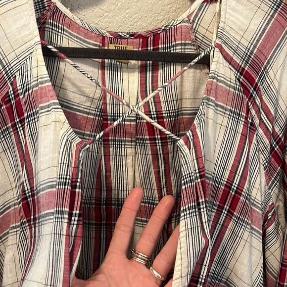 True Craft 3X 100% Cotton Faux Wrap Top W X Detail Top Balloon Sleeve Hi Low - Picture 3 of 8